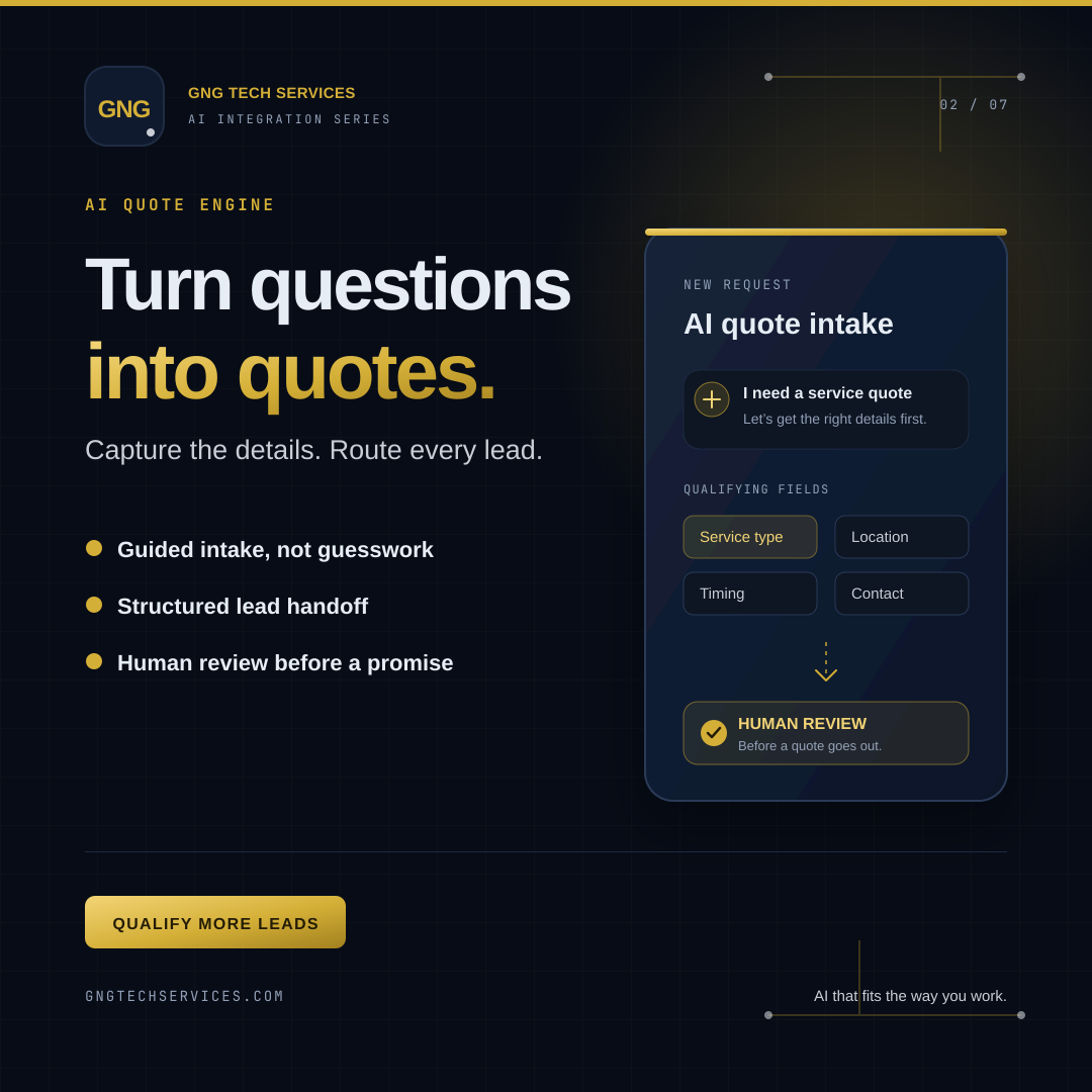 AI Quote Engine ad showing guided questions and human review