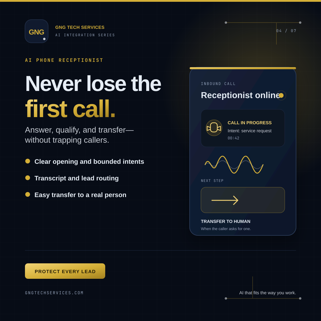 AI Phone Receptionist ad showing an inbound call and transfer to a human