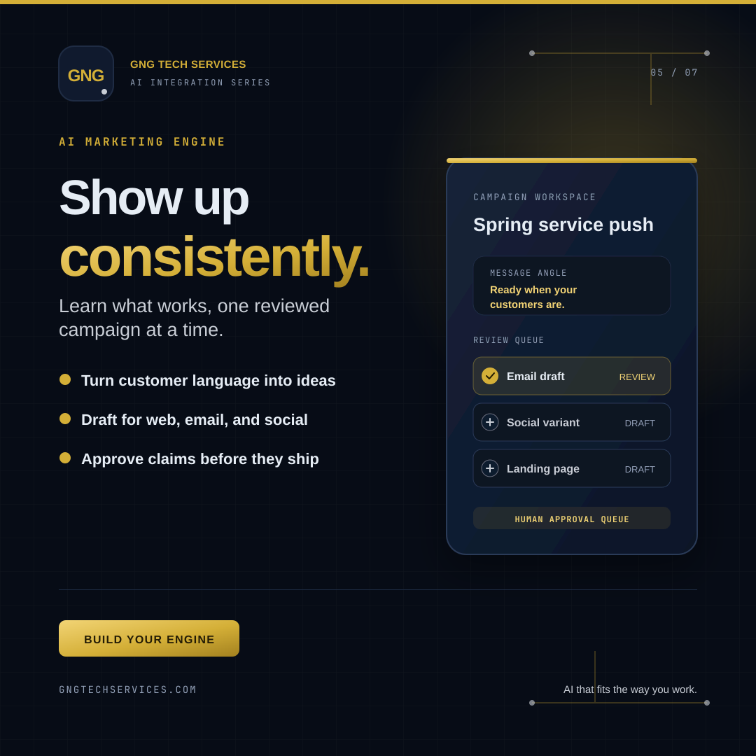 AI Marketing Engine ad showing a campaign workspace and review queue