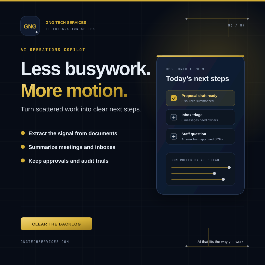 AI Operations Copilot ad showing a controlled list of next steps