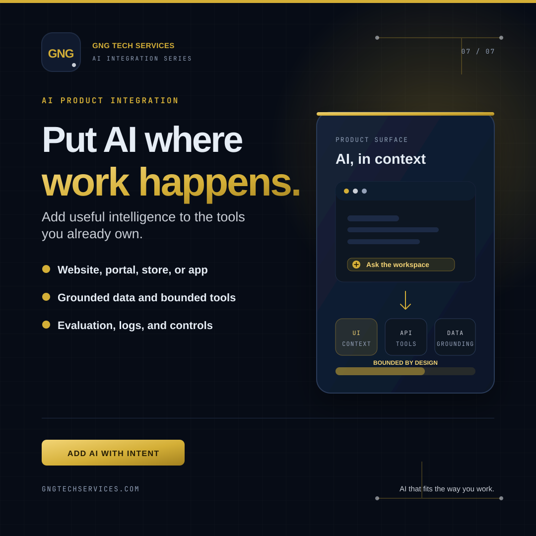 AI Product Integration ad showing a product surface connected to tools and data